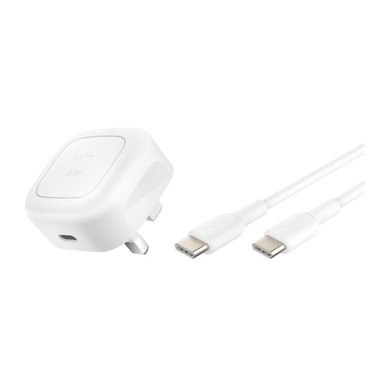 شاحن حائط بيلكين بوست تشارج مدمج بقوة 20 واط + كابل USB-C إلى USB-C (WCA009) أبيض