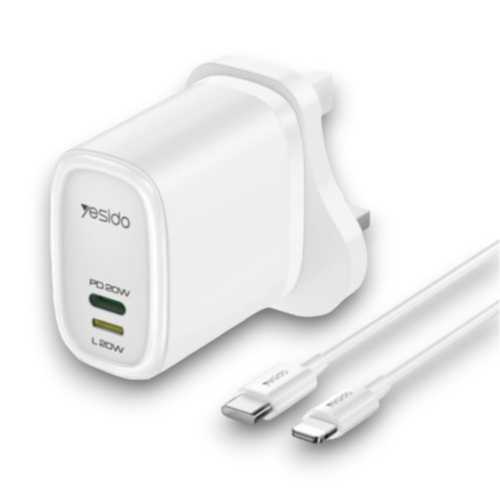 شاحن Yesido السريع مع كابل USB-C إلى Lightning (YC43) باللون الأبيض