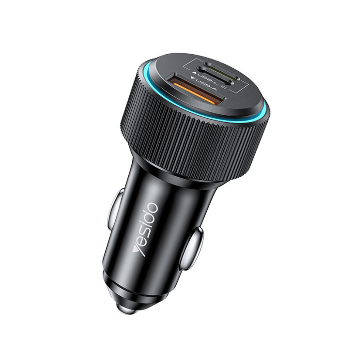 شاحن سيارة Yesido 3 منافذ بقدرة 38 واط مع كابل Usb-C إلى Lightning -  أسود