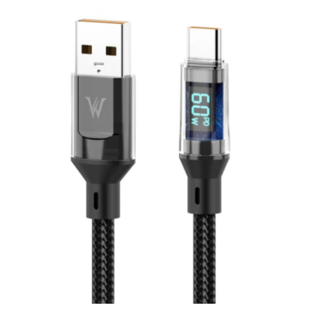 كابل بيانات USB-C إلى تايب سي بقوة 60W بشاشة رقمية ذكية من Wizard بطول 1.5 متر - أسود
