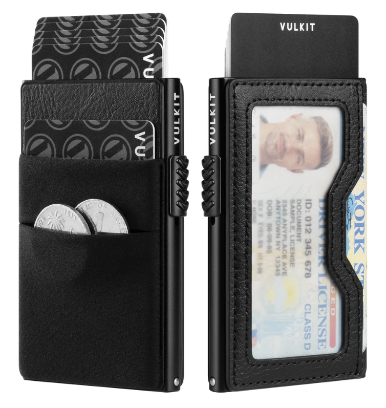 VULKIT VC306 - فتحة قماش مرنة ونافذة جلدية مرئية للنقود والعملات المعدنية وحامل بطاقات الهوية - أسود