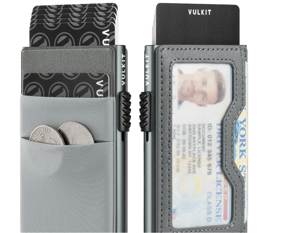 VULKIT VC306 - فتحة قماش مرنة ونافذة جلدية مرئية للنقود والعملات المعدنية وحامل بطاقات الهوية - رمادي فضائي