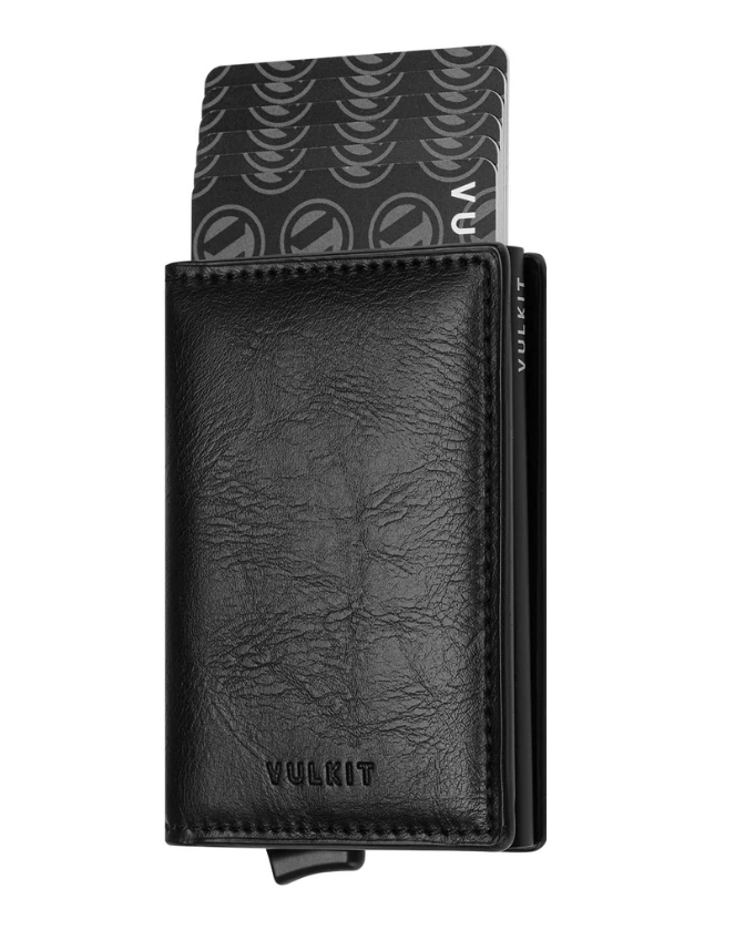 VULKIT VC200 - حامل بطاقات مدمج من الألومنيوم مع محفظة بفتحة خلفية - أسود