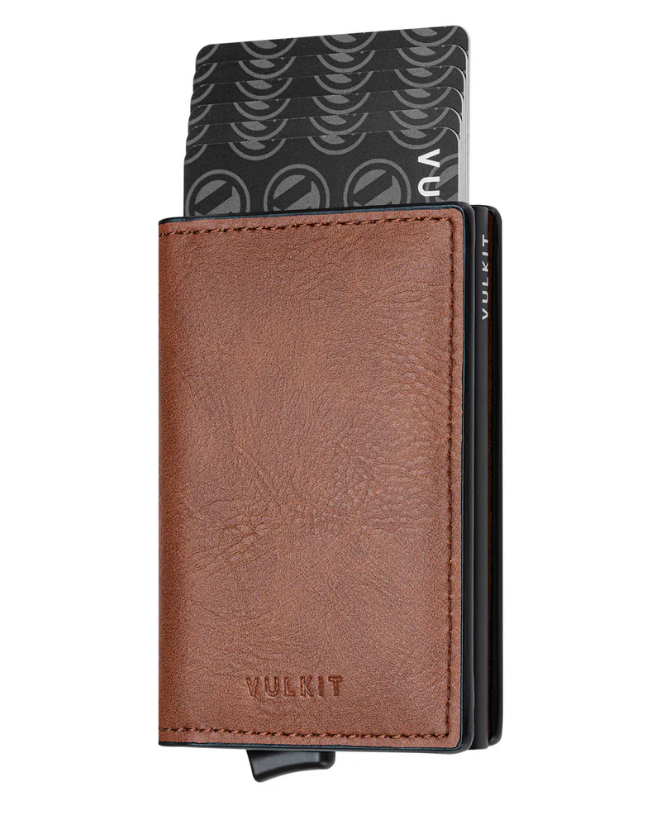 VULKIT VC200 - حامل بطاقات مدمج من الألومنيوم مع محفظة بفتحة خلفية - بني