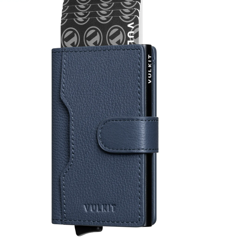 VULKIT VC207 - نافذة معرف RFID ومحفظة ثنائية الطي بزر مغناطيسي - أزرق داكن