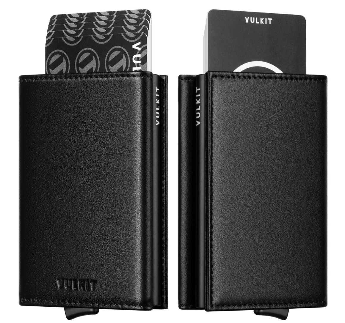 VULKIT VC208P - جلد طبيعي، بدون فتحة سحاب خلفي، محفظة ثلاثية الطي بشريط مغناطيسي - أسود