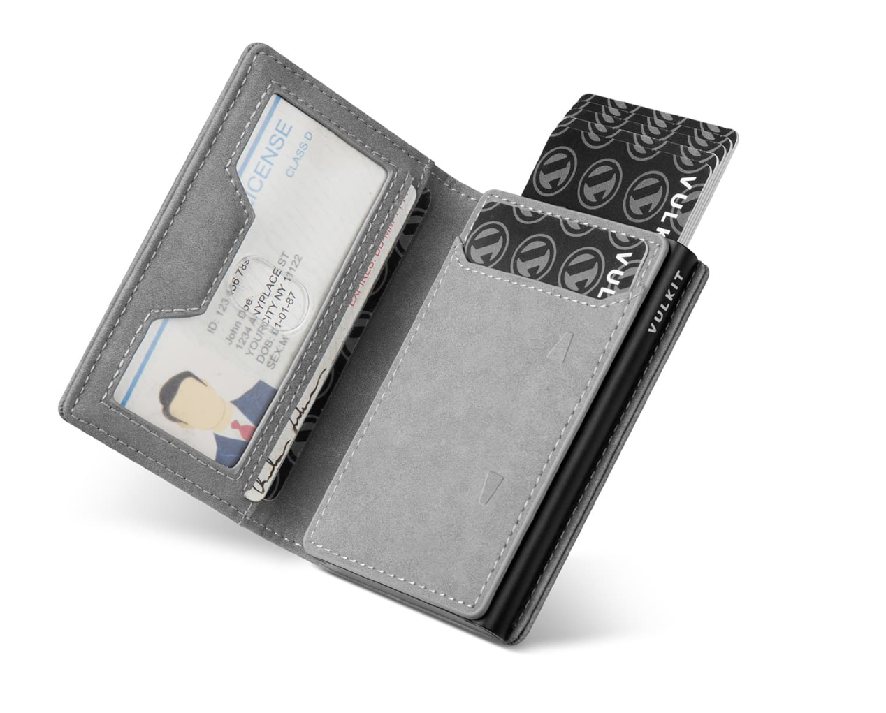 VULKIT VC502- حامل بطاقات مع أداة إخراج البطاقات، وحجب RFID، وجيب للعملات المعدنية بسحاب، ونافذة لبطاقة الهوية، وإغلاق مغناطيسي - رمادي