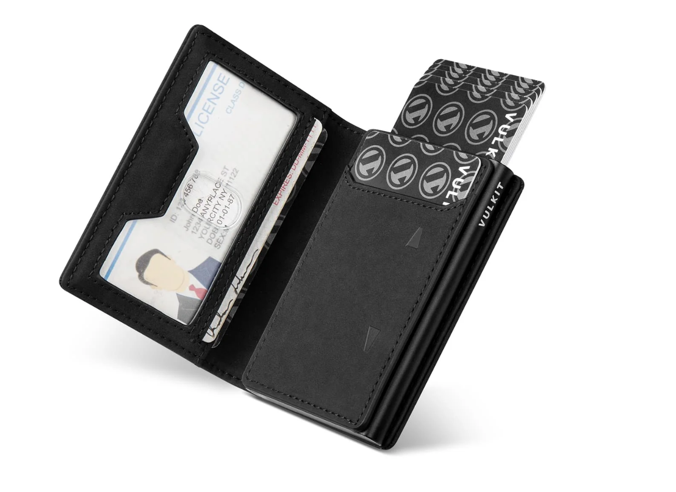 VULKIT VC502- حامل بطاقات مع أداة إخراج البطاقات، وحجب RFID، وجيب للعملات المعدنية بسحاب، ونافذة لبطاقة الهوية، وإغلاق مغناطيسي - أسود