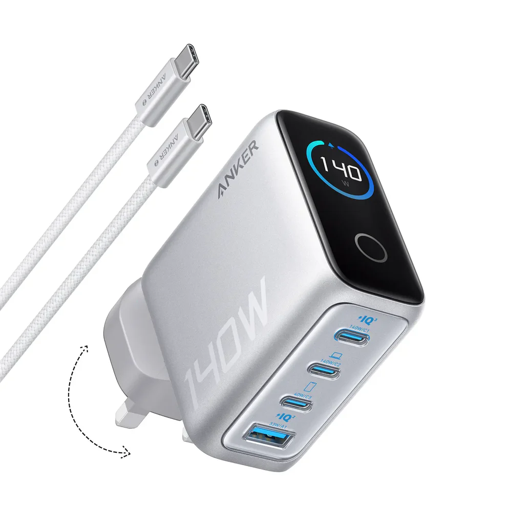 شاحن Anker  بقوة 140 واط مع كابل USB-C وشاشة ذكية - فضي