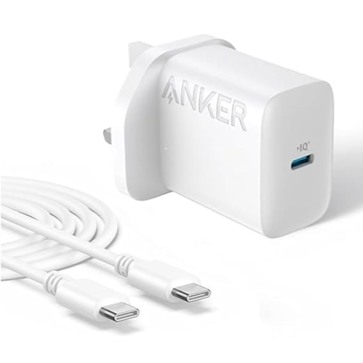 شاحن الحائط 20W USB-C مع كابل USB-C بطول 5 أقدام من Anker - أبيض