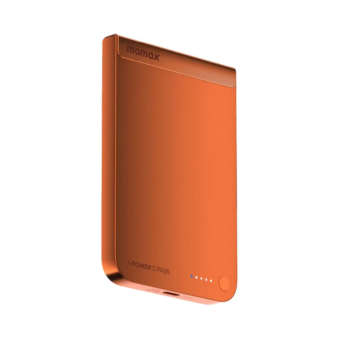 باور بانك مغناطيسي لاسلكي Momax 1-Power S.Pass بسعة 5000mAh بتصميم فائق النحافة – برتقالي
