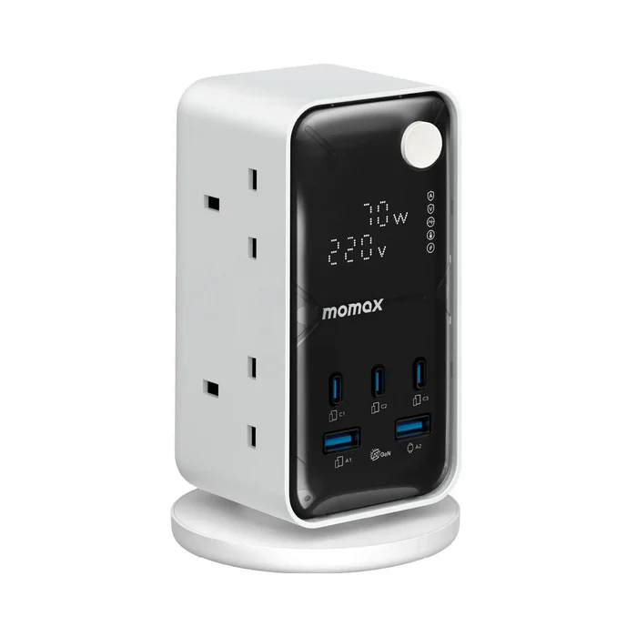 مشترك طاقة Momax 1-Charge Work Flow Tower بقدرة 70W GaN مع 6 منافذ كهرباء و3 USB-C و2 USB-A – أبيض