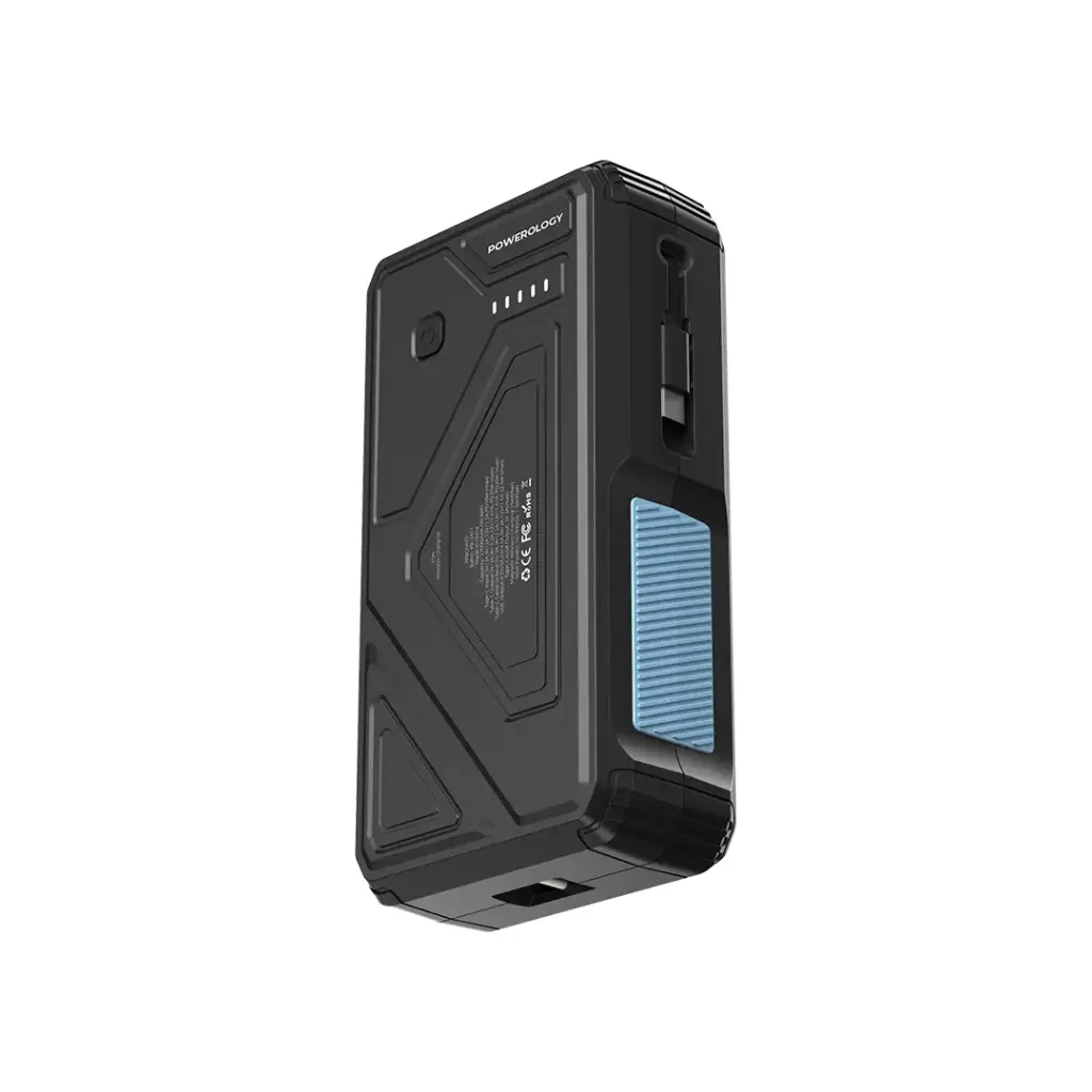 باور بنك Powerology شمسي بسعة 27000mAh مع شحن لاسلكي وكابل Type-C مدمج  – أسود
