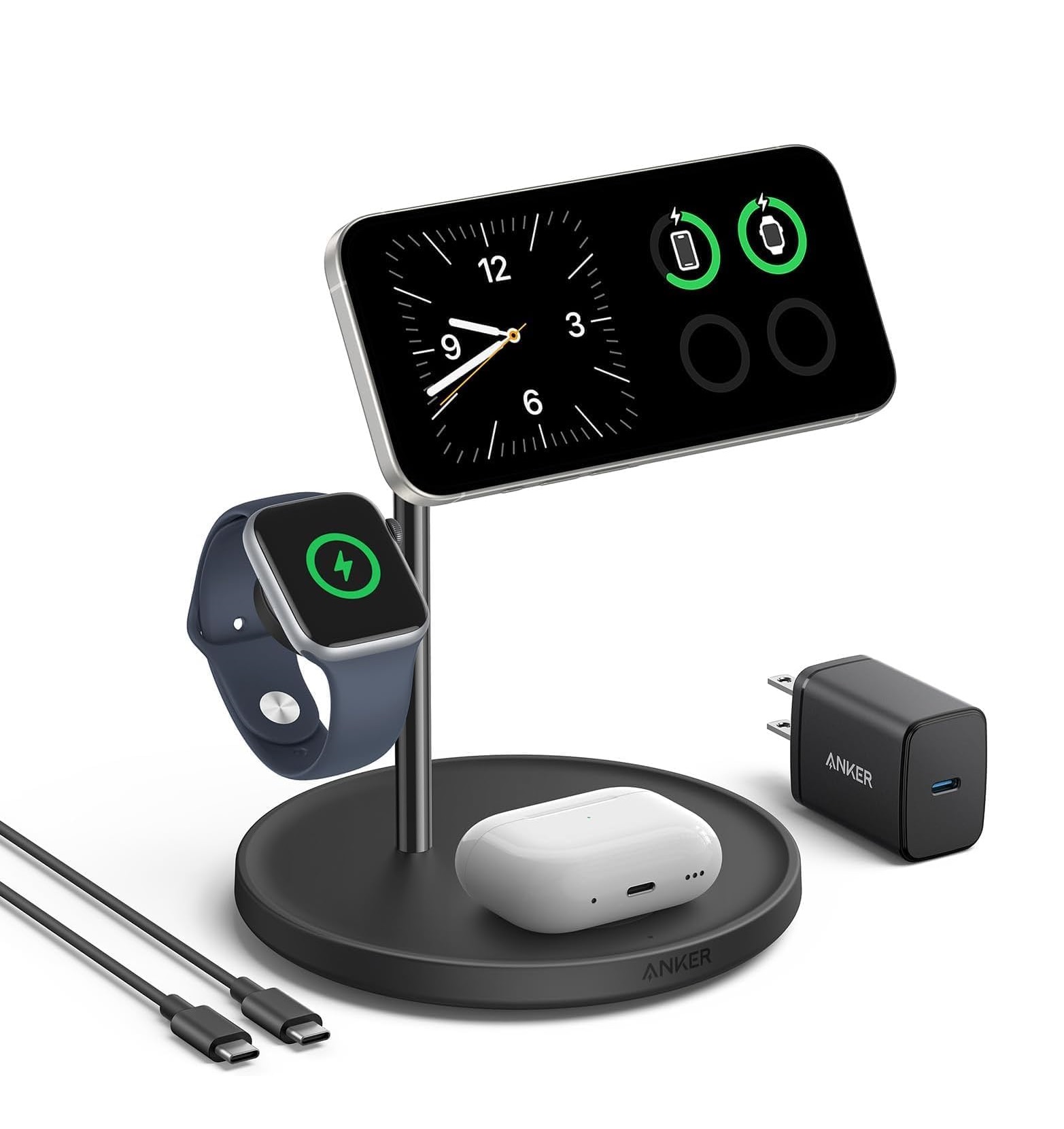 محطة شحن لاسلكية Anker MagGo (حامل 3 في 1) شاحن USB-C بقوة 40 وات وكابل USB-C إلى USB-C بطول 5 أقدام - أسود