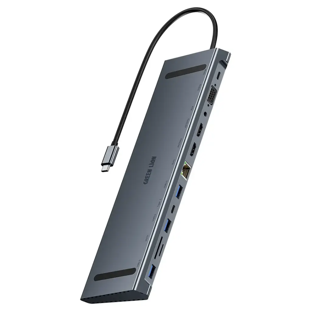 موزع Green Lion 12 في 1 يدعم 4K HDMI وإيثرنت وUSB-C مع شحن سريع 100 واط -رمادي