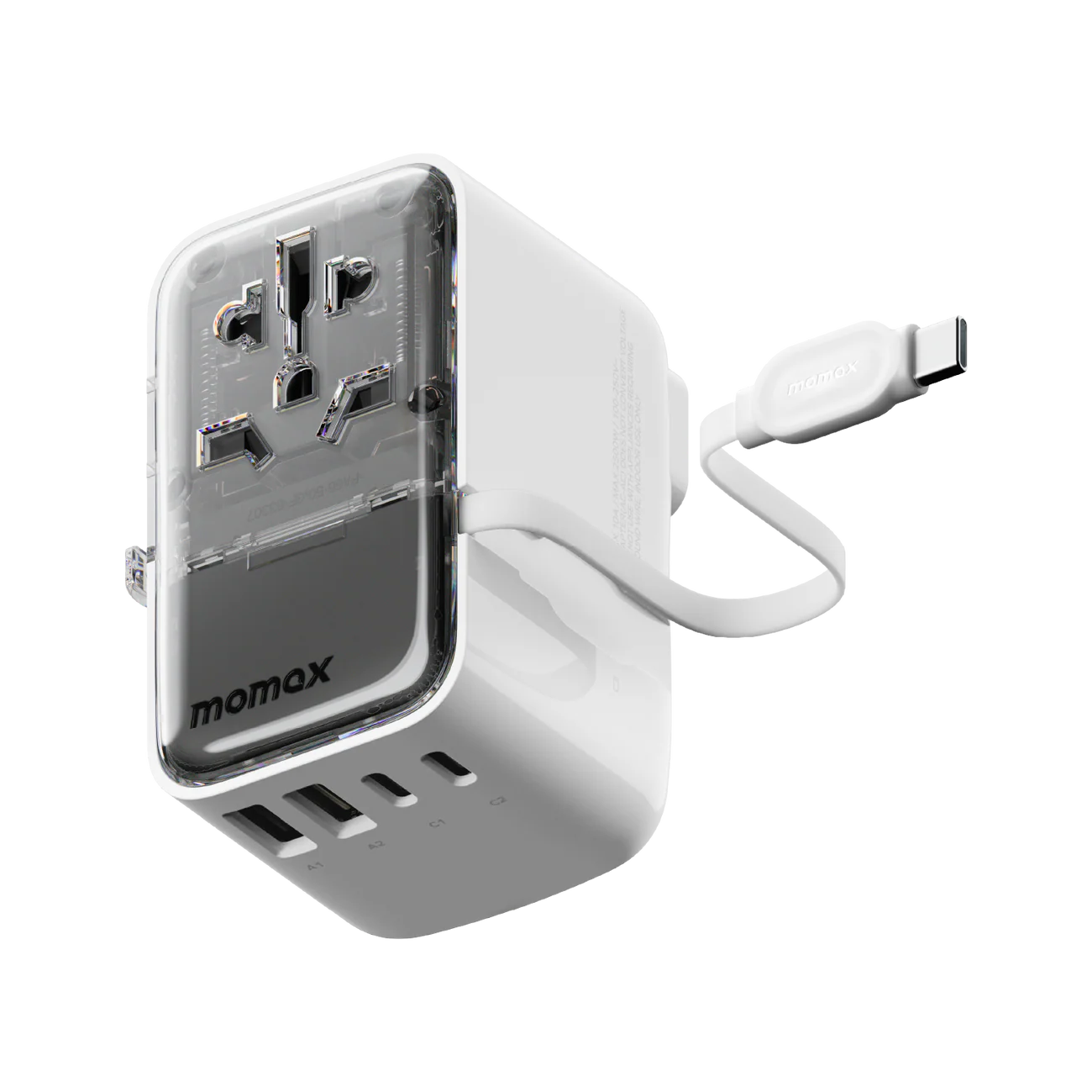 شاحن سفر Momax 1-World+ Flow ذو 4 منافذ مع كابل USB-C مدمج 35 واط  - أبيض