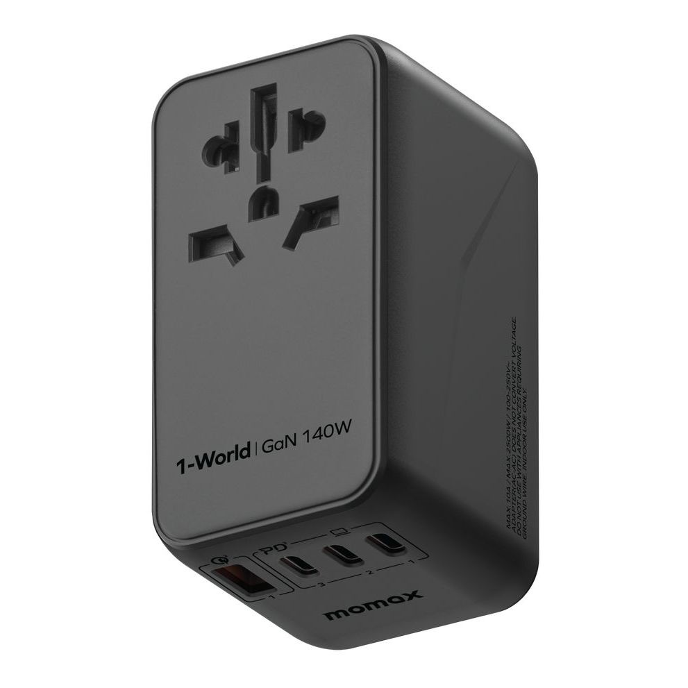 محول السفر MOMAX 1-WORLD 140W GAN 4 مع كابل USB-C إلى USB-C بقوة 140 واط