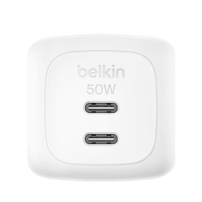 شاحن جداري مزدوج USB-C GaN بقوة 50 واط BoostCharge Pro من Belkin (WCH019) - أبيض