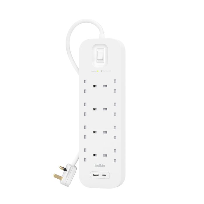 وصلة  كهربائيه  8 مخارج مع حماية من ارتفاع التيار ومنافذ USB-C و USB-A من Belkin (SRB003) - أبيض