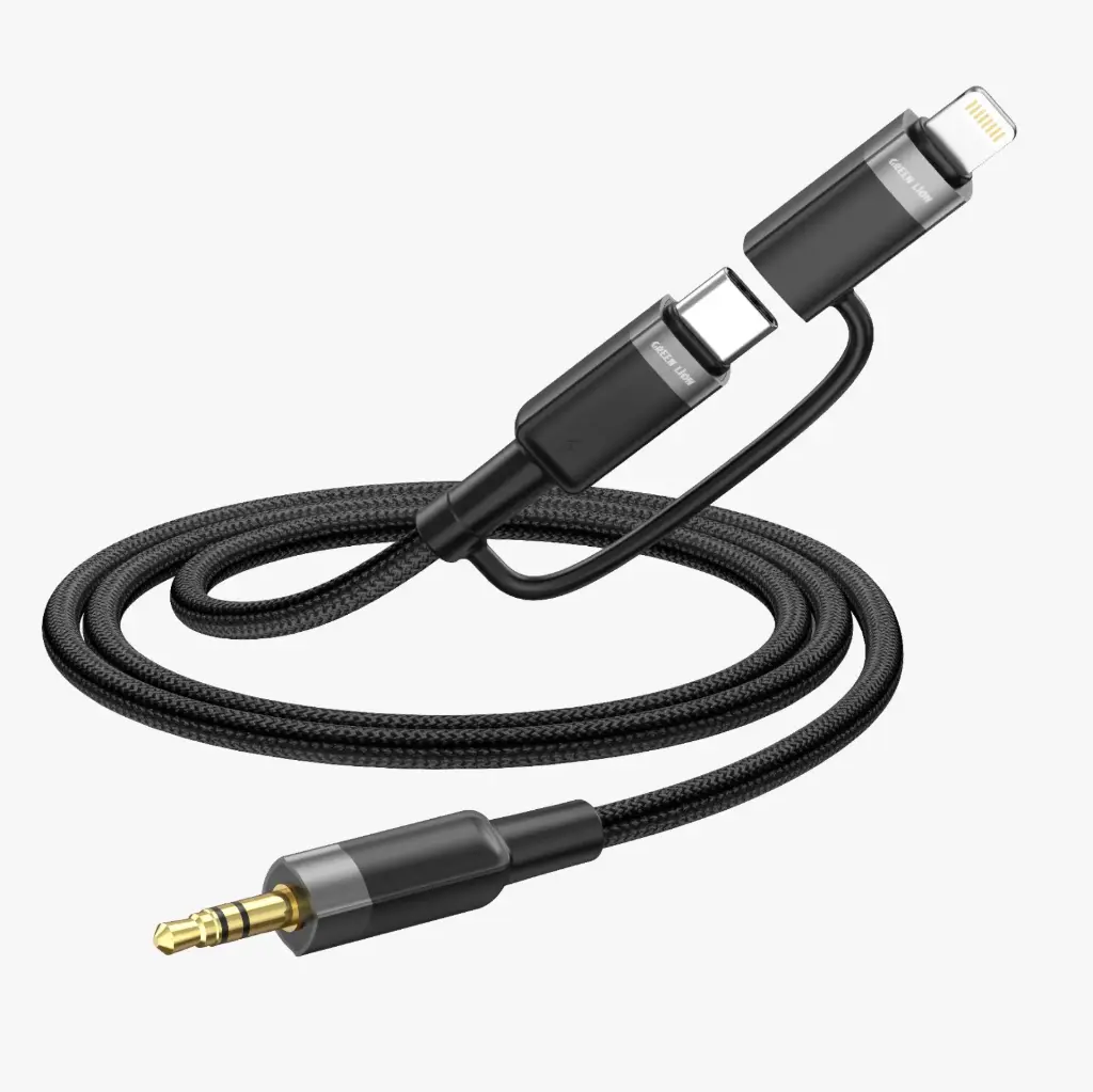 وصلة 2 في 1 من USB-C و Lightning إلى AUX 3.5 مم من Green Lion  - أسود