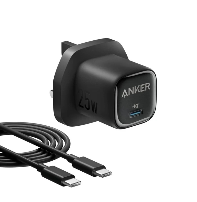 شاحن جداري Anker السريع بقوة 25 واط مع كابل USB-C إلى USB-C- أسود