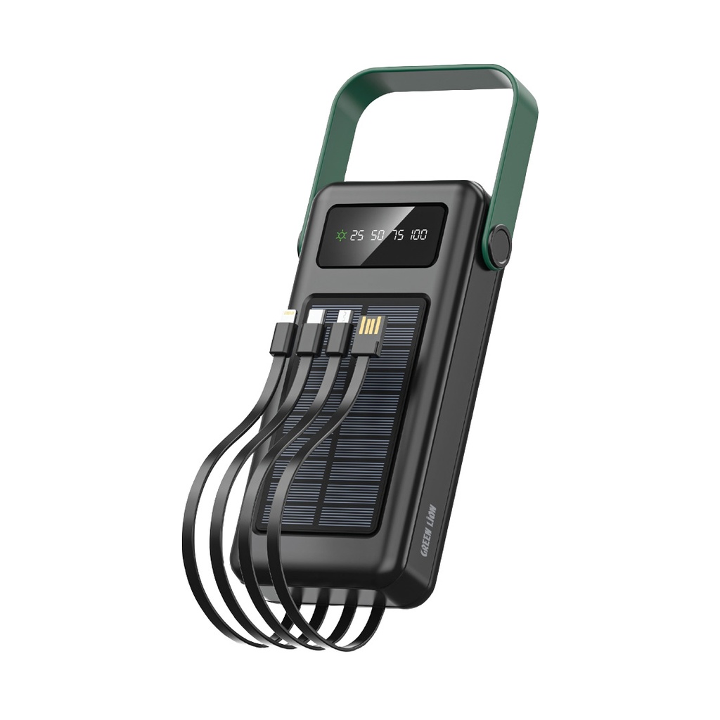 باوربانك بالطاقة الشمسية Green Lion Solar Max بسعة 30000mAh مع كيابل مدمجة - أسود