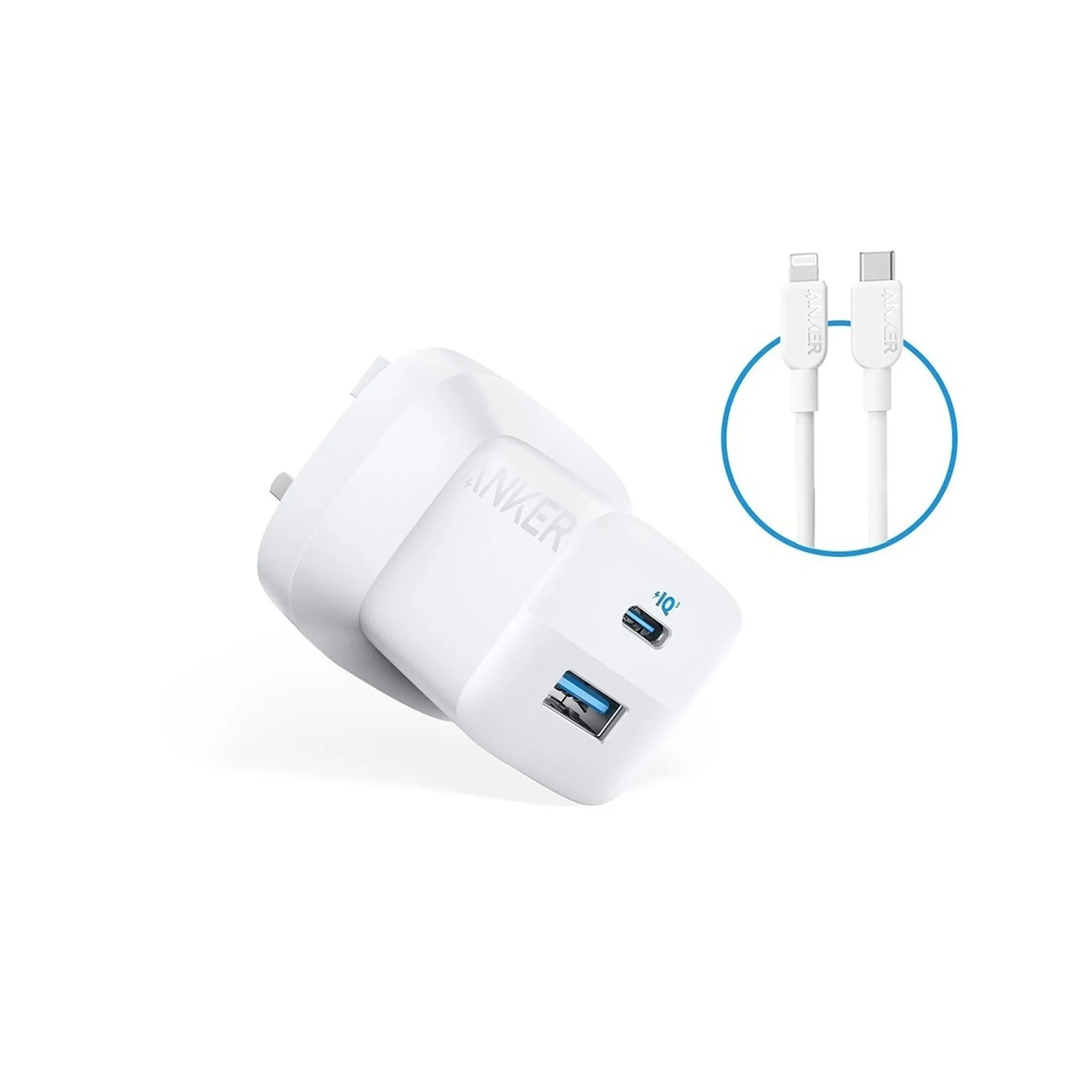 شاحن Anker 323 سريع 33 واط بمنفذين مع كابل USB-C إلى Lightning بطول 1 متر - أبيض