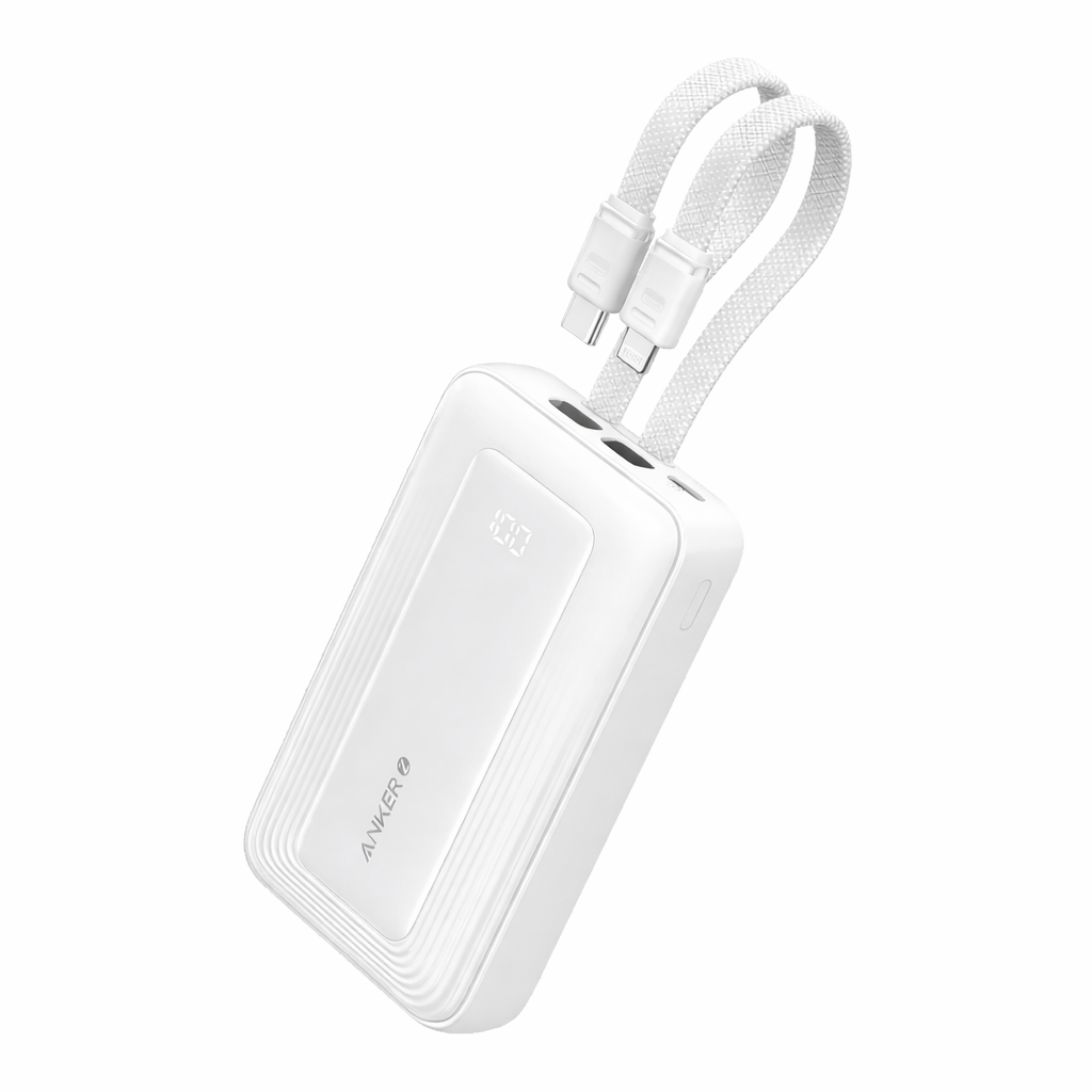 باور بانك Anker Zolo سعة 10000mAh بقوة 30W مع كيبل USB-C وLightning مدمج – أبيض