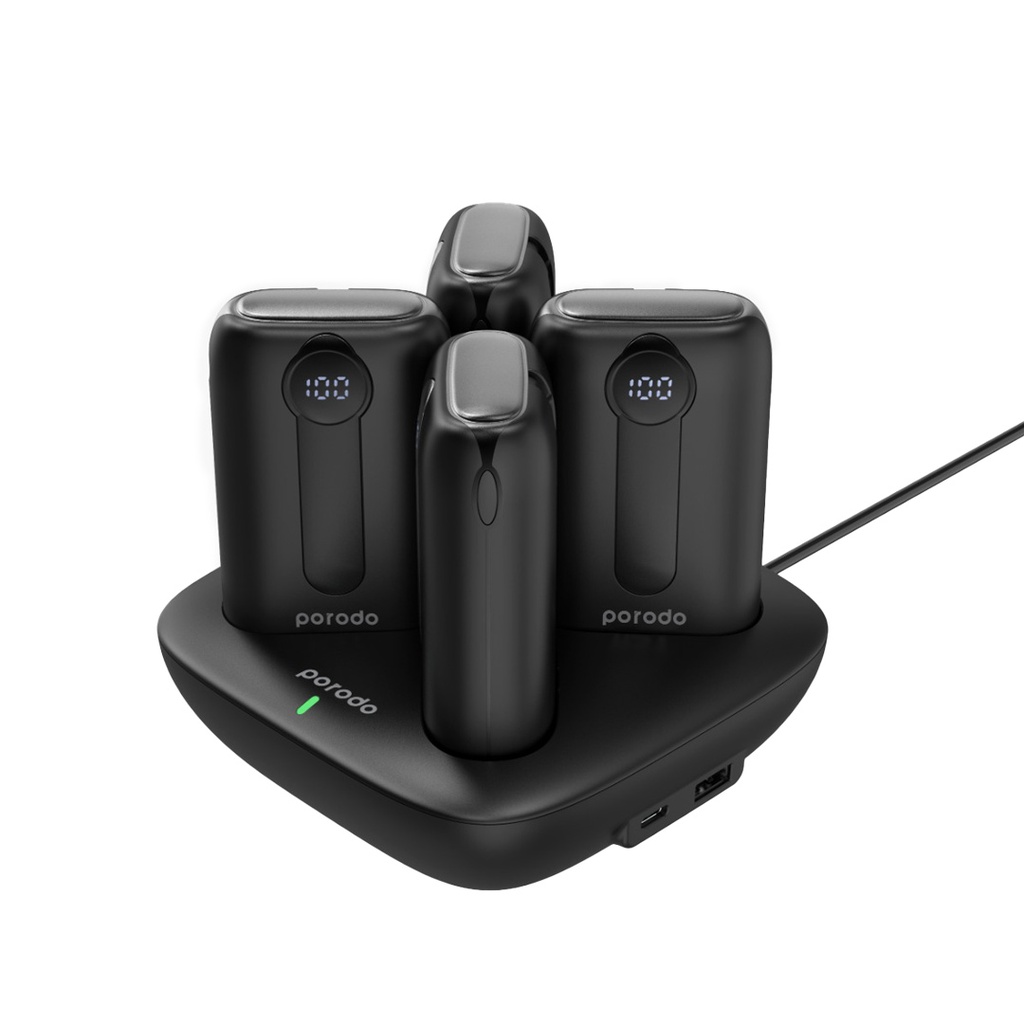 قاعدة شاحن باوربانك 4 في 1 بسعة 10000mAh مع كيابل Lightning وType-C مدمجة من Porodo - اسود