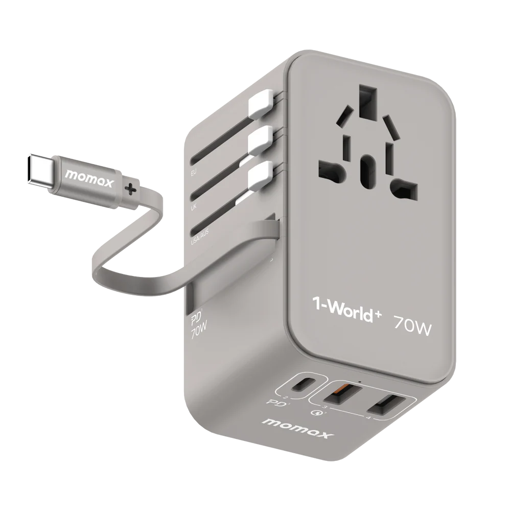 شاحن السفر مع كابل USB-C قابل للسحب Momax 1-World+ 70W GaN 3-Port  - تيتانيوم