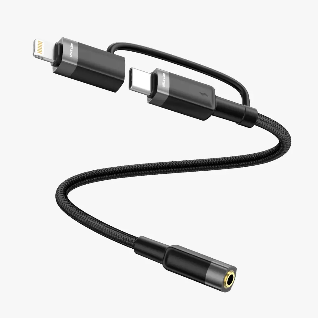 وصله صوت 2 في 1 من Green Lion USB-C/Lightning إلى 3.5mm - أسود