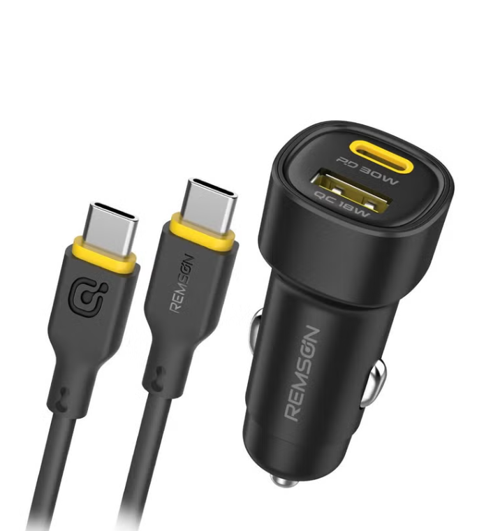 شاحن سيارة Remson NeoPower بمنفذين 48 واط مع كيبل USB-C - أسود