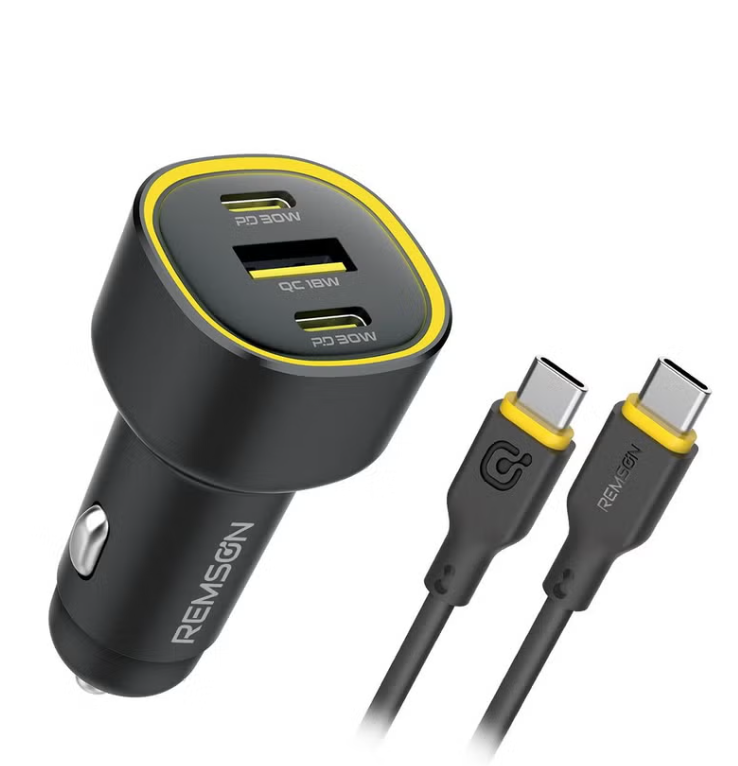 شاحن سيارة Remson NeoPower بثلاثة منافذ 60 واط مع كيبل USB-C  - أسود