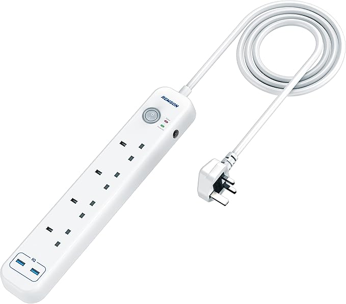 محول كهرباء Remson Essential 6 في 1 مع حماية من الصواعق وسلك 3 متر - أبيض