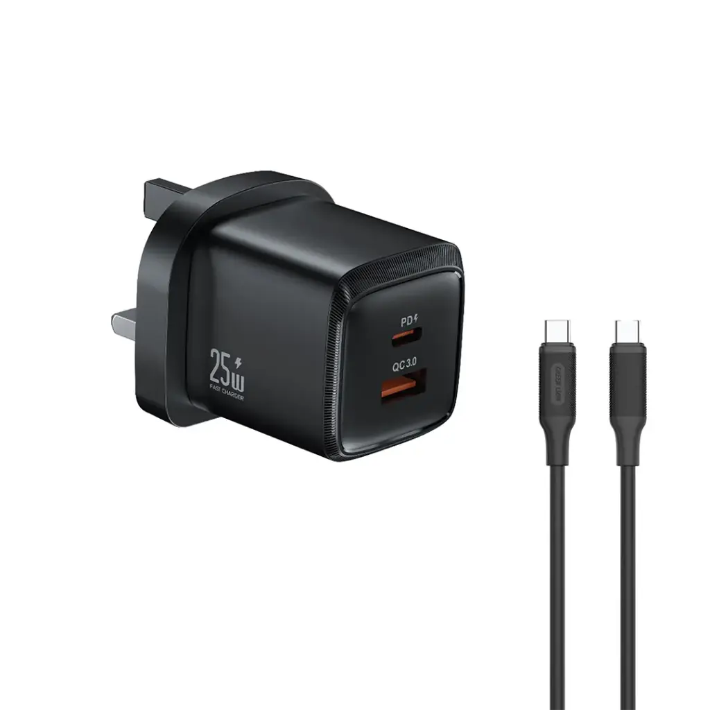 شاحن جداري Green Lion G-Charge بقوة 25 واط بمنفذين مع كيبل USB-C – أسود