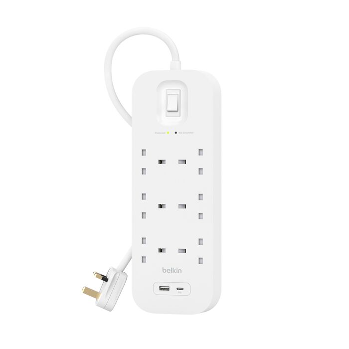 محول كهرباء Belkin Connect بـ 6 منافذ مع USB-C وUSB-A – أبيض
