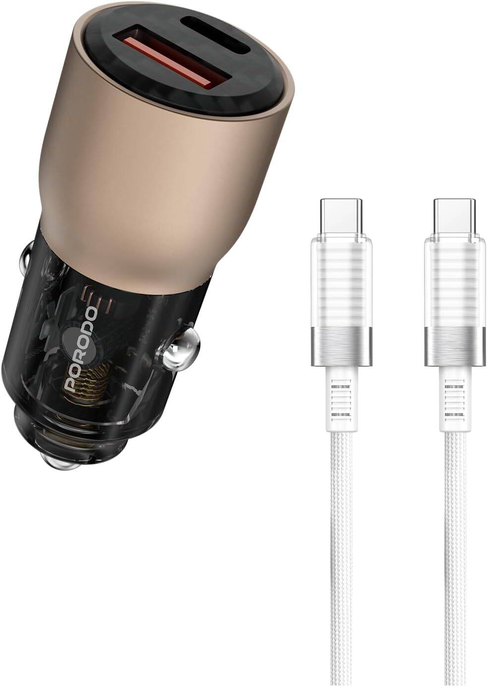 شاحن سيارة Porodo شفاف بقوة 95 واط مع كيبل USB-C بطول 0.9 متر – Desert Titanium
