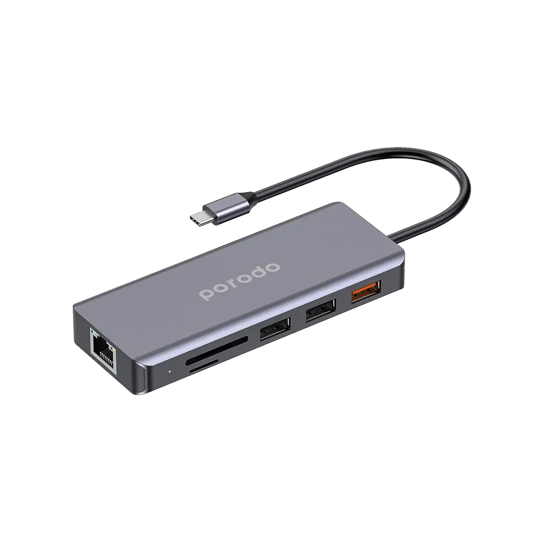 وصله 9 في 1 تايب سي مع 4K HDMI و Ethernet وشحن 100W PD من Porodo – رمادي