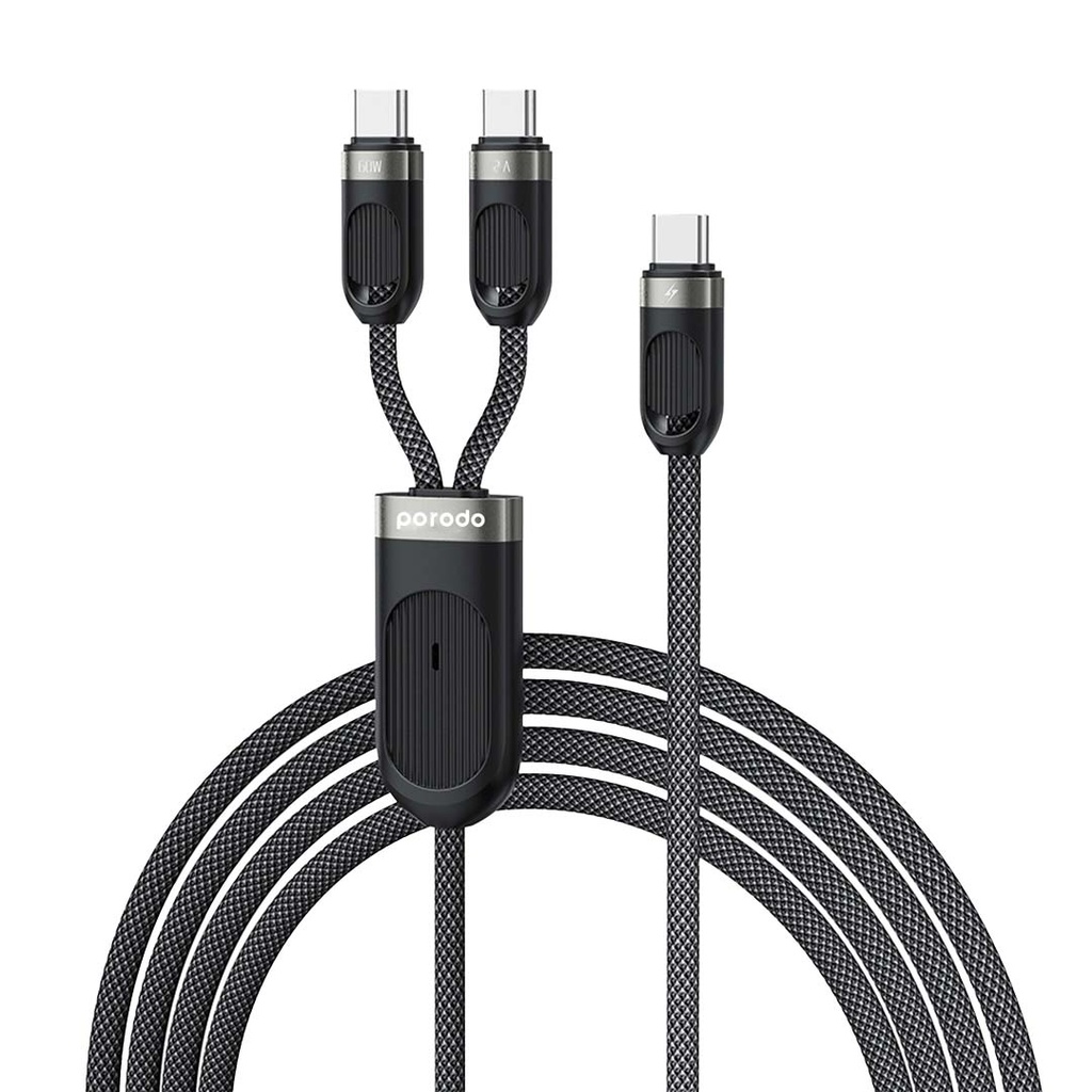 كابل شحن Porodo USB-C مزدوج 2 في 1 بطول 1.2 متر – أسود