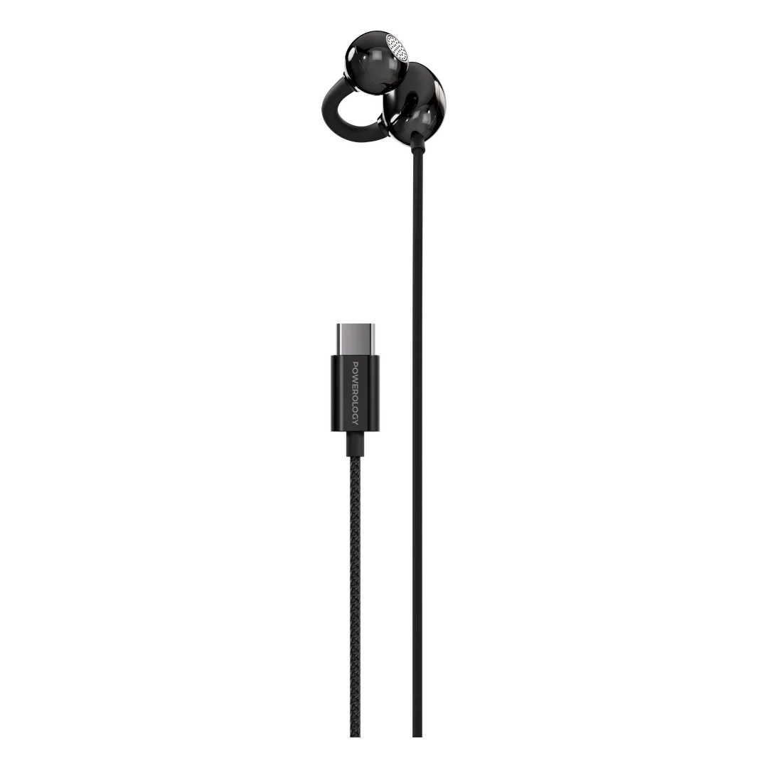 سماعة Powerology Voro السلكية أحادية الجهة بخطاف ومنفذ USB-C - أسود
