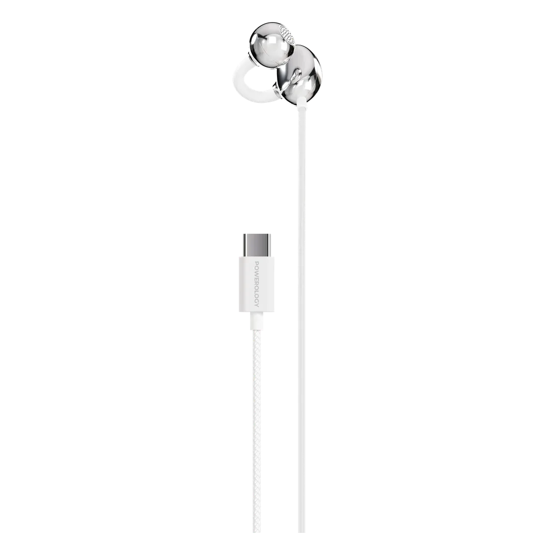 سماعة Powerology Voro السلكية أحادية الجهة بخطاف ومنفذ USB-C - أبيض