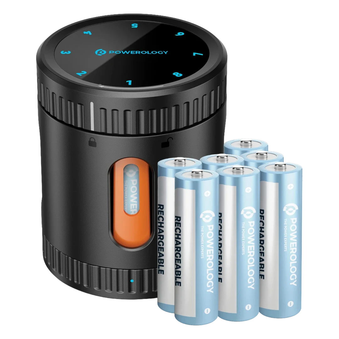 علبة شحن بطاريات ذكية نيون مع 8 بطاريات AA قابلة للشحن من Powerology – أسود