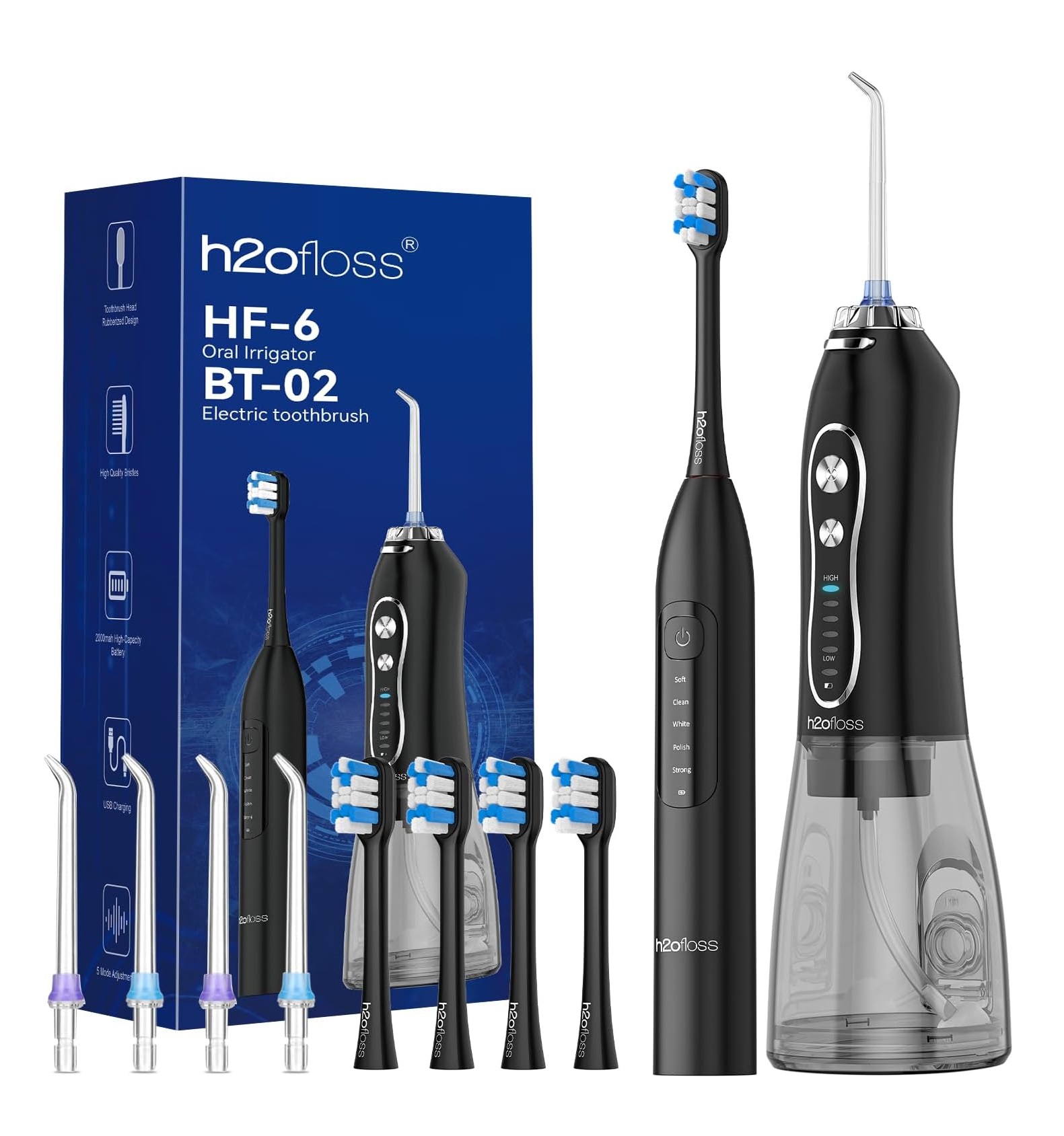 طقم تنظيف الفم 2 في 1 مع خيط مائي HF-6 وفرشاة أسنان كهربائية BT-02 من H2ofloss - ابيض