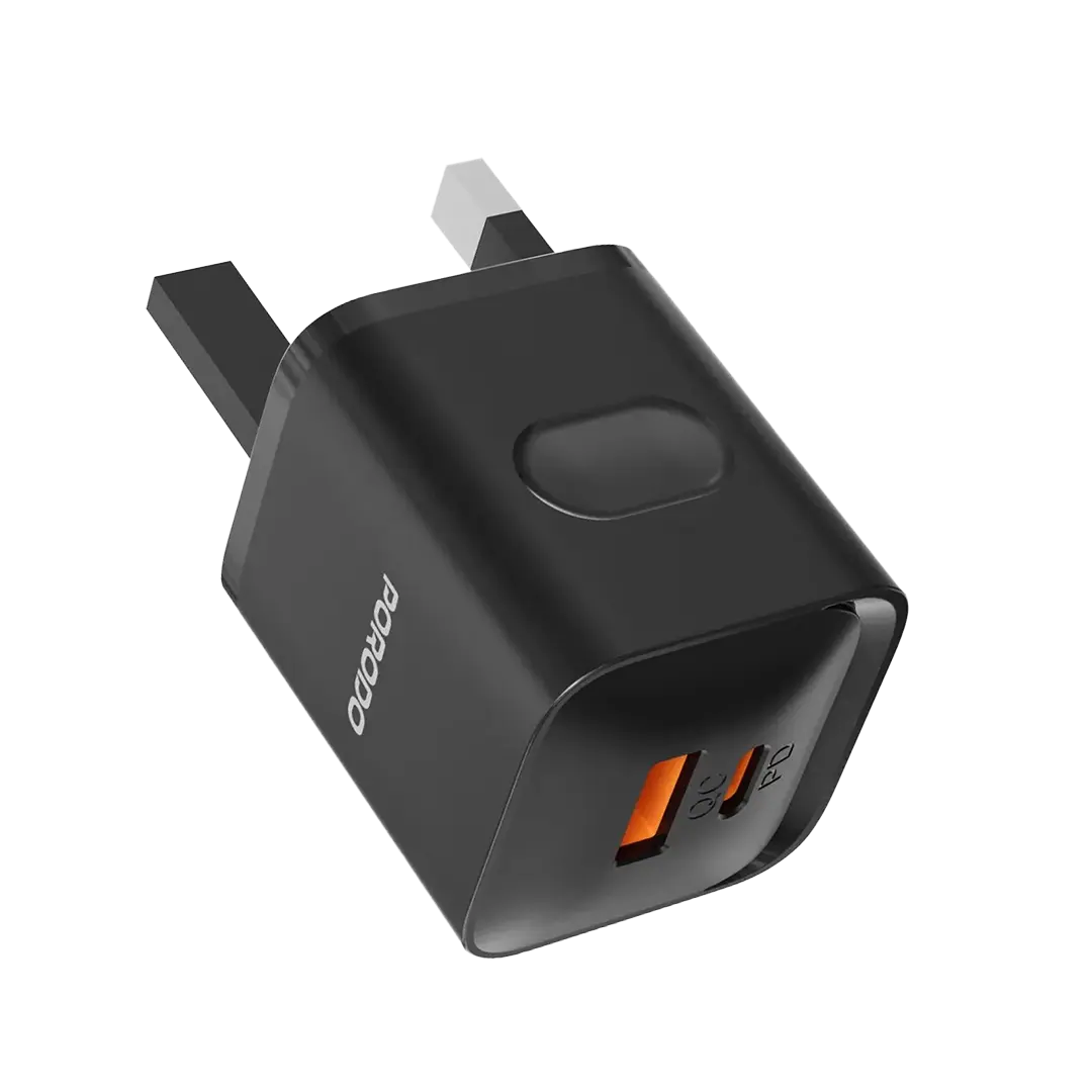 شاحن جداري GaN ثنائي المنافذ مع كيبل USB-C إلى USB-C من Porodo ‏ – أسود
