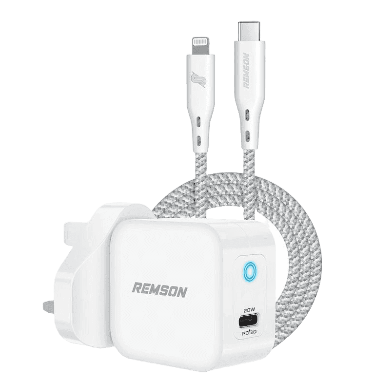 طقم شحن بقوة 20 واط مع كيبل يو إس بي سي إلى لايتنينغ من Remson ‏– أبيض
