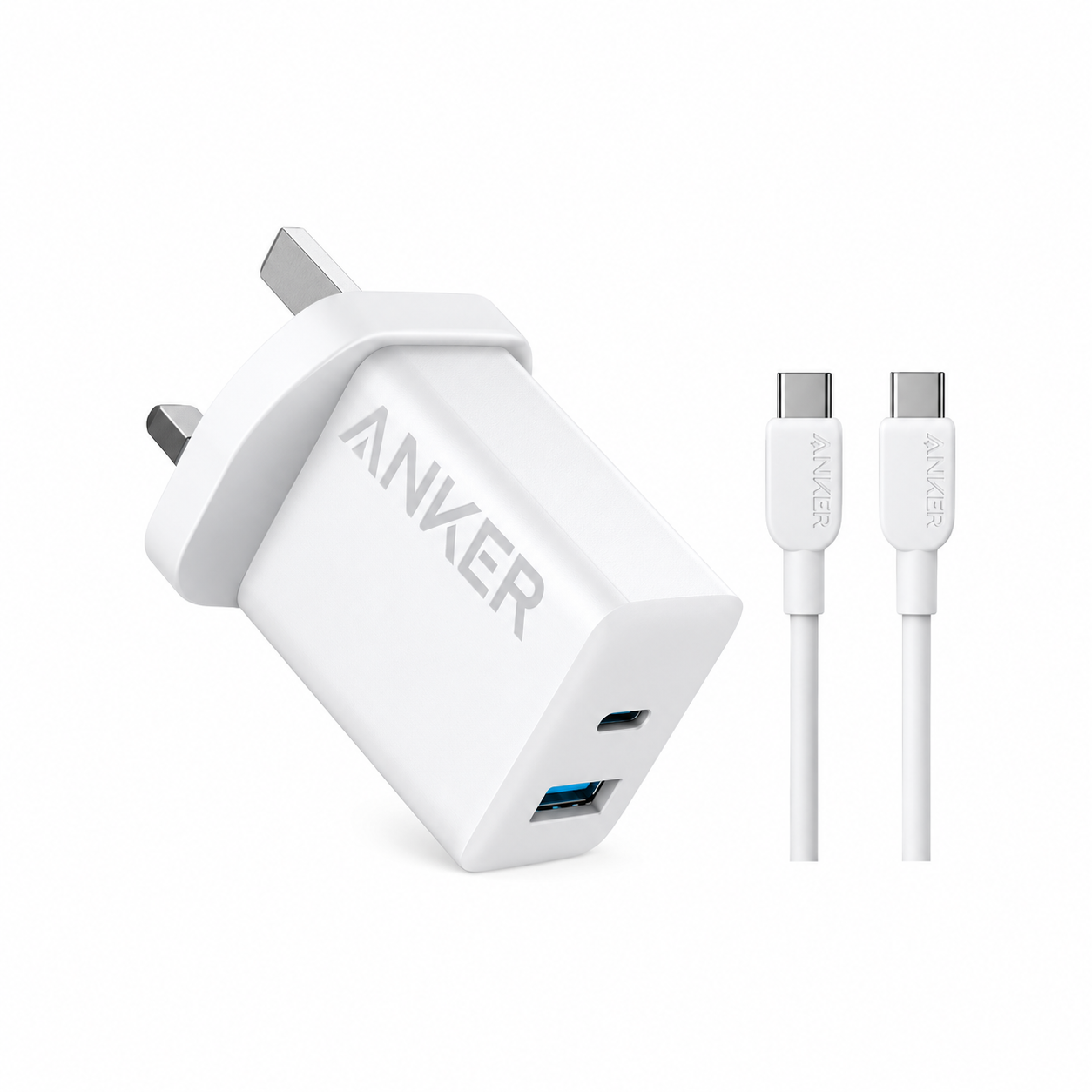 شاحن بمنفذين يو إس بي إيه ويو إس بي سي من Anker مع كيبل بطول ٥ أقدام (B2348K21) – أبيض