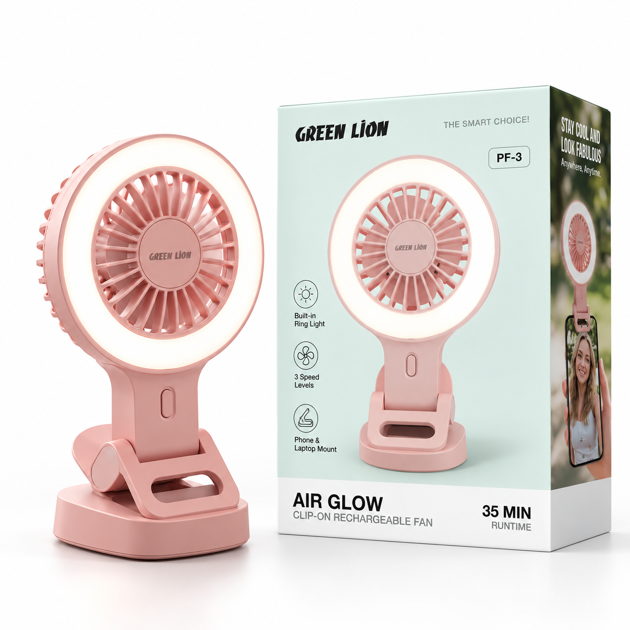 Green Lion Air Glow Clip-On Rechargeable Fan (PF-3) Pink