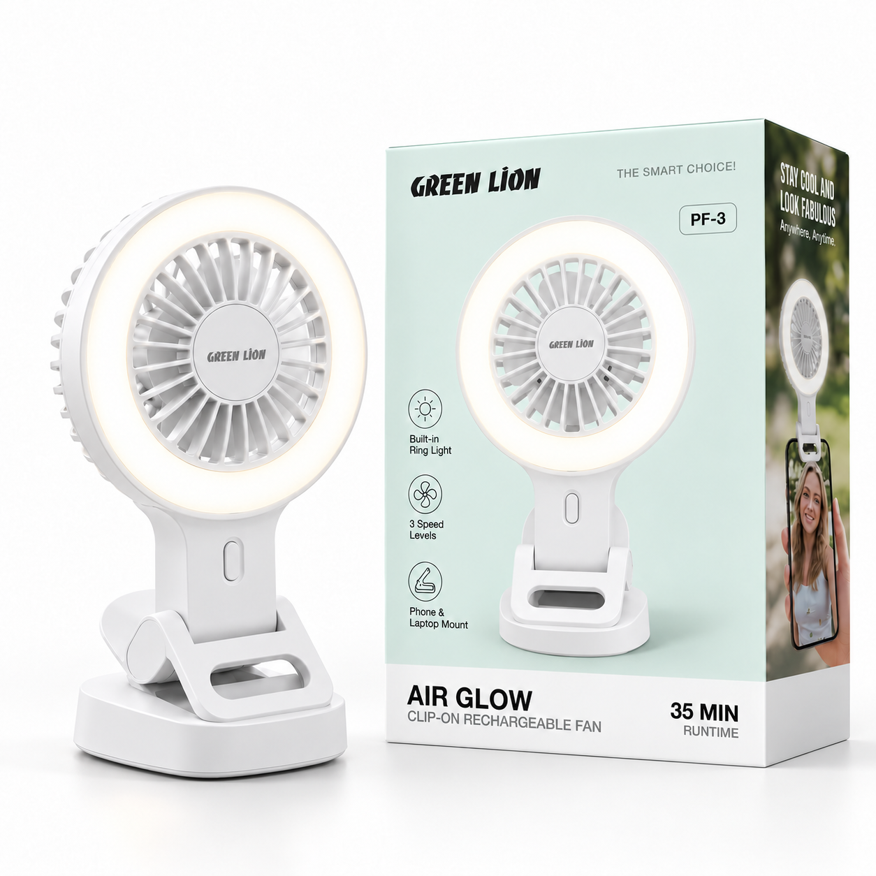 Green Lion Air Glow Clip-On Rechargeable Fan (PF-3) White