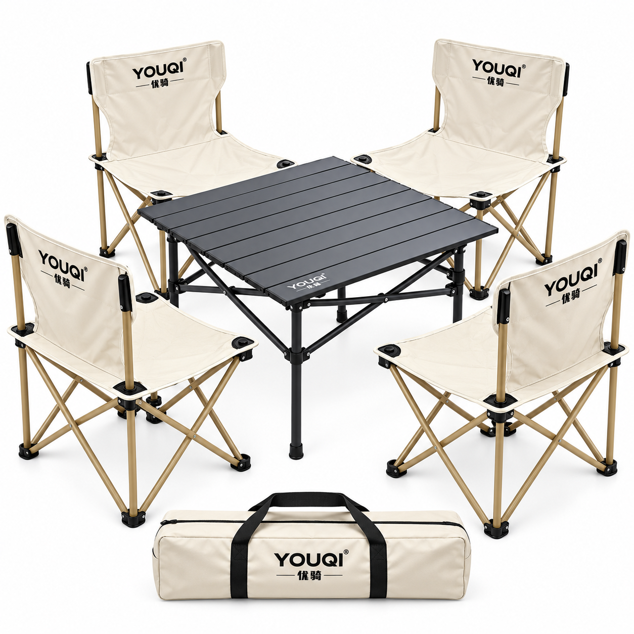 Youqi Foldable Camping Table with 4 Chair - Beige/Black