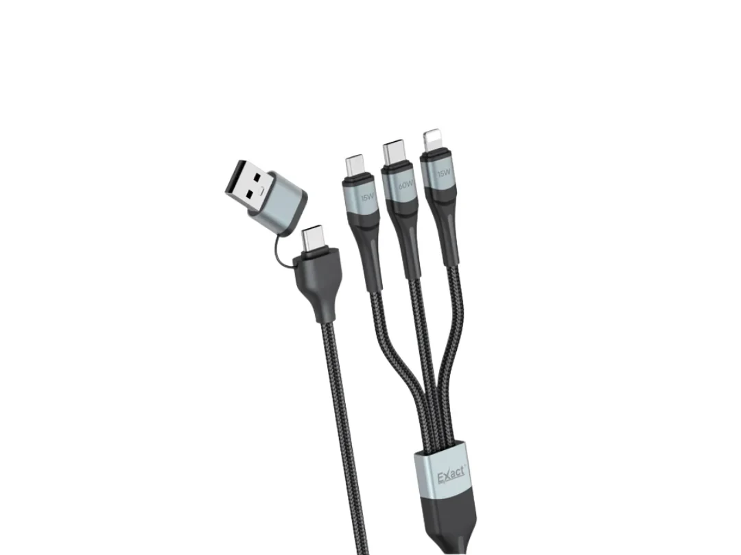 كابل Exact متعدد الوظائف 3 في 2 مضفر مع موصلات Micro USB وType-C وLightning - 1.2 متر - أسود